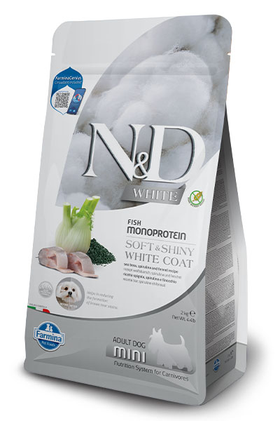1_N&D-White-canine-FRONT-RIGHT-Seabass-Adult-Mini N&D White Dog Sea Bass, Spirulina & Fennel Adult MINI 2 кг – монопротеинова суха храна без зърнени култури за кучета с бяла козина от мини породи над 1 година с лаврак, спирулина и фенел - Image 1