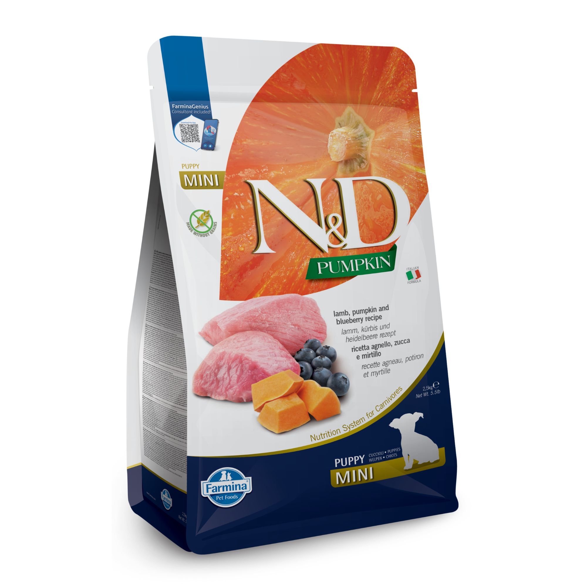 Product N&D Pumpkin Lamb & Blueberry Puppy MINI 0.800 кг – суха храна без зърнени култури за подрастващи кученца от дребни породи с агнешко, тиква и боровинки - Image 1