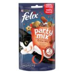 Felix Party Mix Grill Mix – Хрупкави лакомства за котки в зряла възраст с говеждо, пиле и сьомга, 60 гр