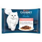 Gourmet Perle – Мокра храна за котки в зряла възраст, мини филета в сос с пиле, говеждо, заек и сьомга, 4 × 85 г