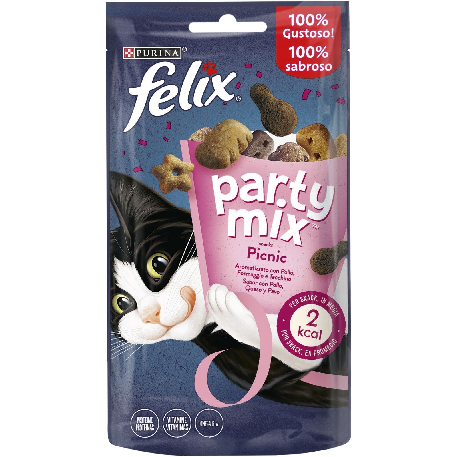 07613034097699_C1N1_44072907FELIXPARTYMIXPicnicMix8x60g Felix Party Mix Picnic – Хрупкави лакомства за котки с пиле, пуйка и сирене, 60 гр - Image 1