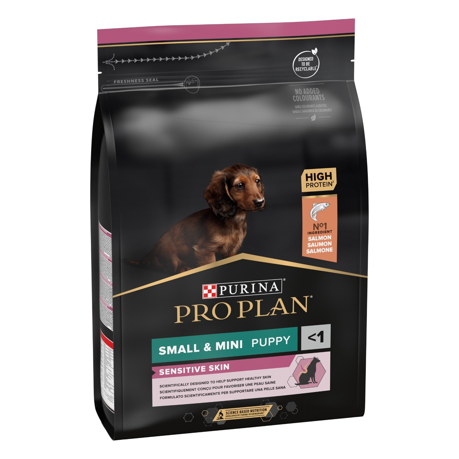 07613035123809_C1L1_44152329 Purina Pro Plan Small & Mini Puppy Sensitive Skin – Суха храна за кученца от дребни и малки породи с чувствителна кожа, с високо съдържание на сьомга, 3 кг - Image 1