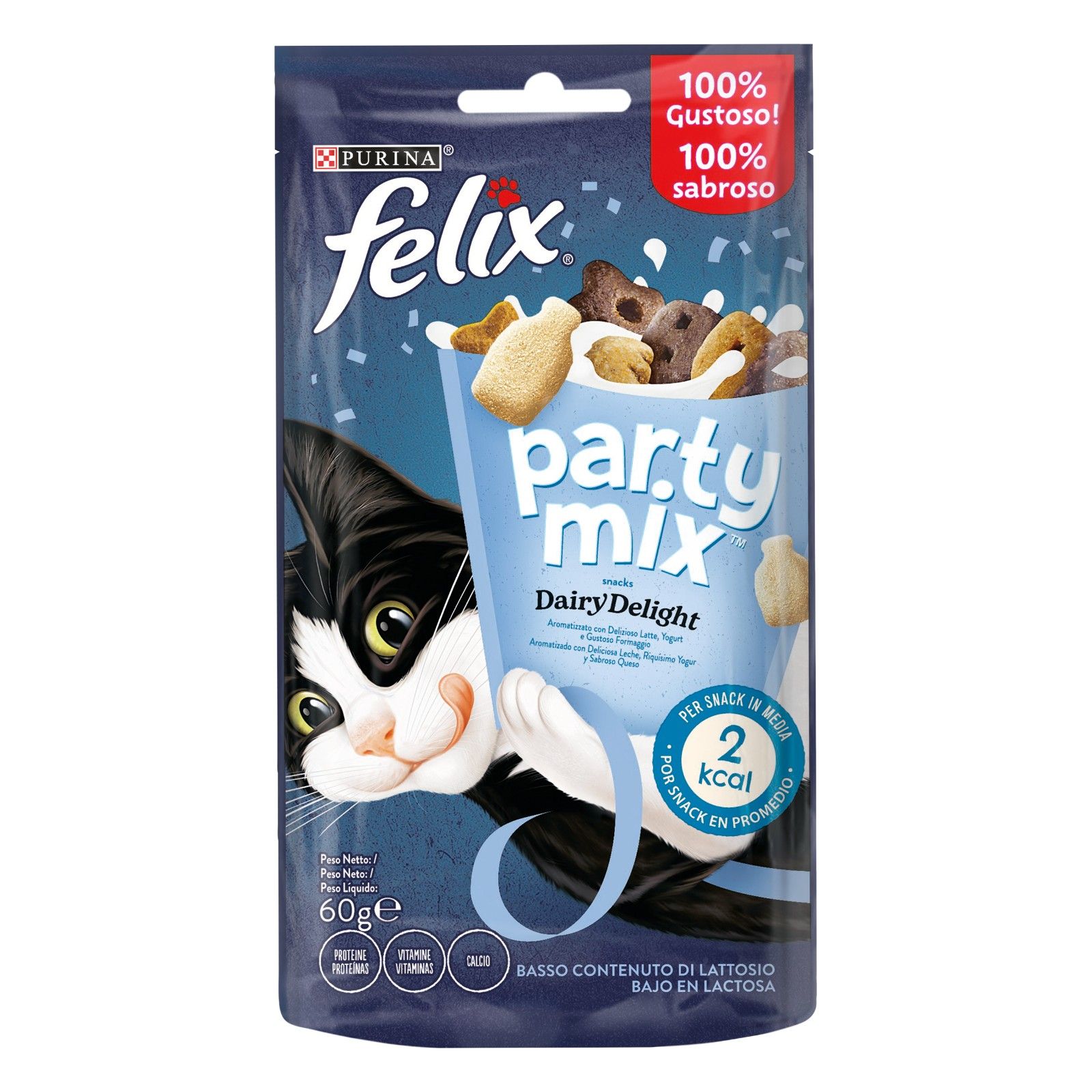 07613036064439_C1N1_44072878FELIXPARTYMIXDairyDelight8x60g Felix Party Mix Dairy Delight – Хрупкави лакомства за котки в зряла възраст с вкус на мляко 60 гр - Image 1