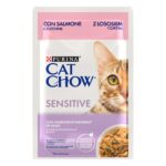 Purina Cat Chow Sensitive – Мокра храна за котки с чувствителен стомах над 1 година, хапки в сос и сьомга