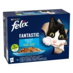 Felix Fantastic Грил – Мокра храна за котки над 1 година, хапки в желе с риба тон, сьомга, треска и писия 12 бр × 85 гр